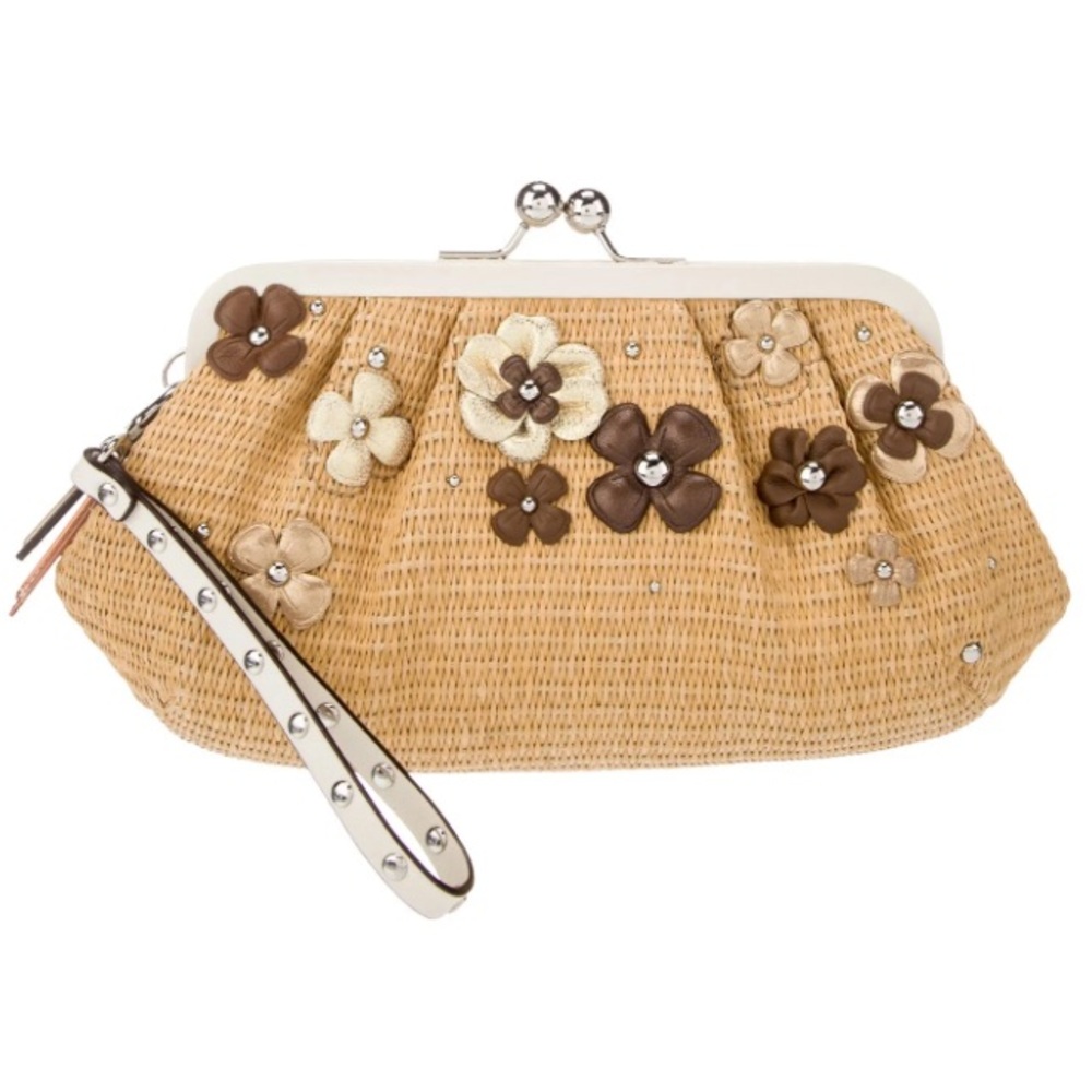 Coach Tan Straw Floral Appliqué Wristlet with Cream Trim